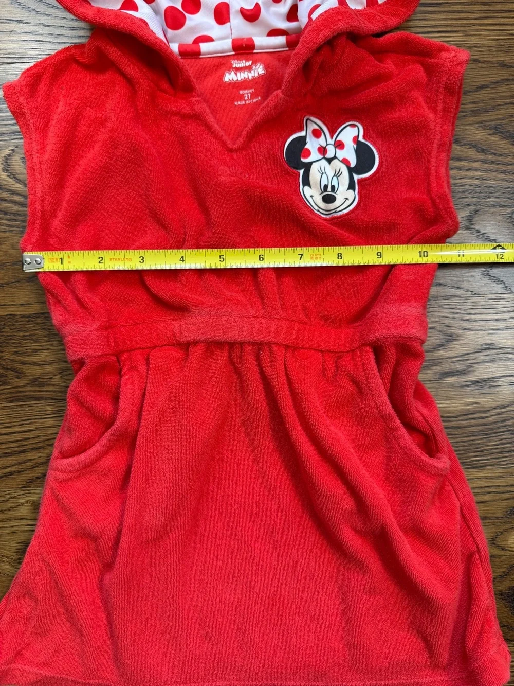 Disney Junior Girls Minnie Mouse Red Hooded Terry Swim Cover w/ Polka Dot Bow 2T